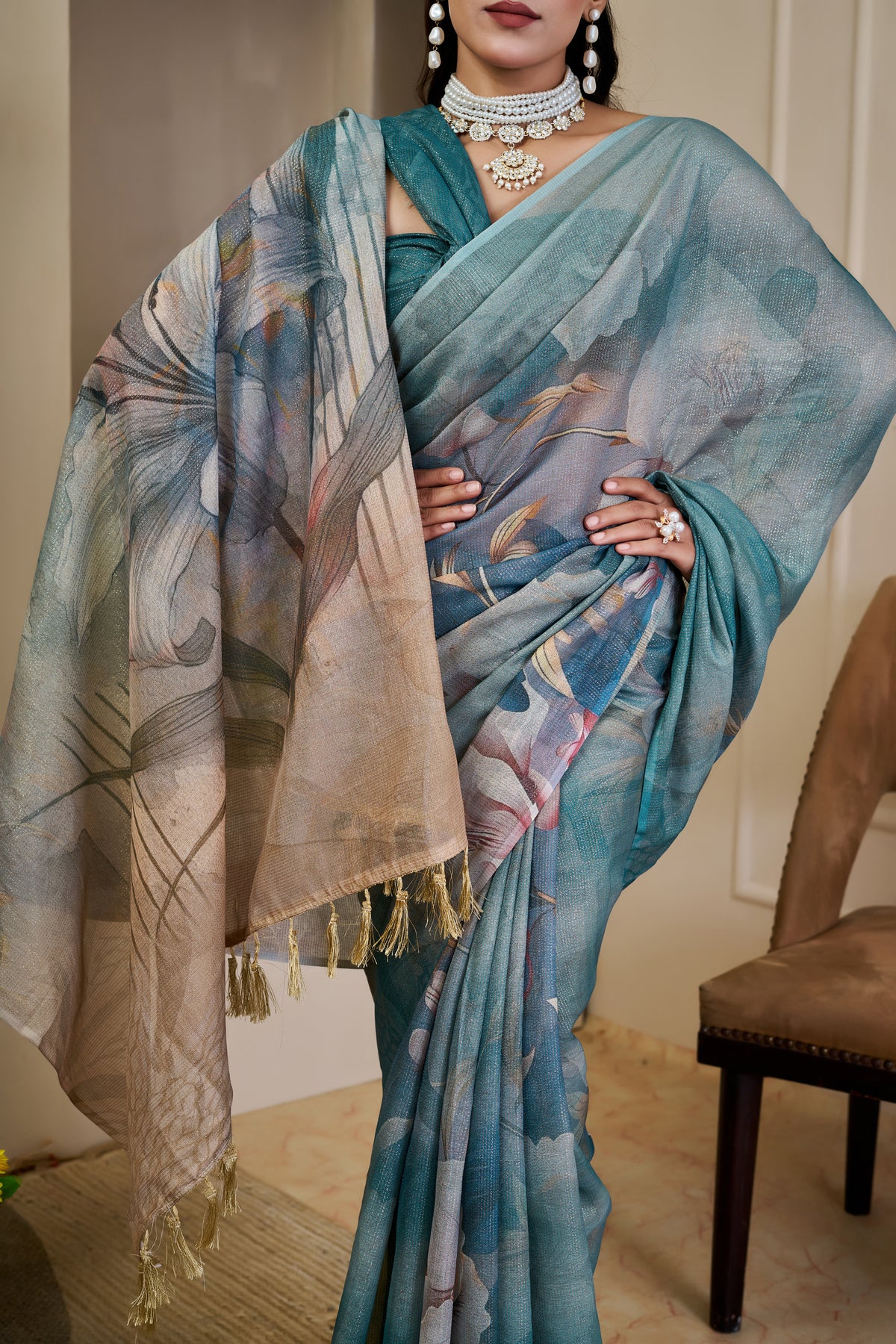 Teal Tissue Cotton Saree With Floral Print - 2 for Women