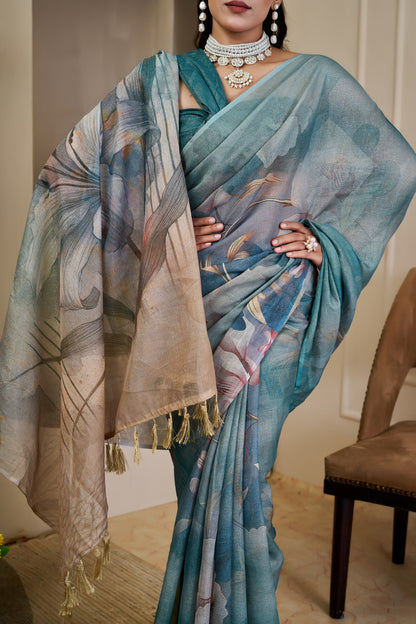 Teal Tissue Cotton Saree With Floral Print - 2 for Women