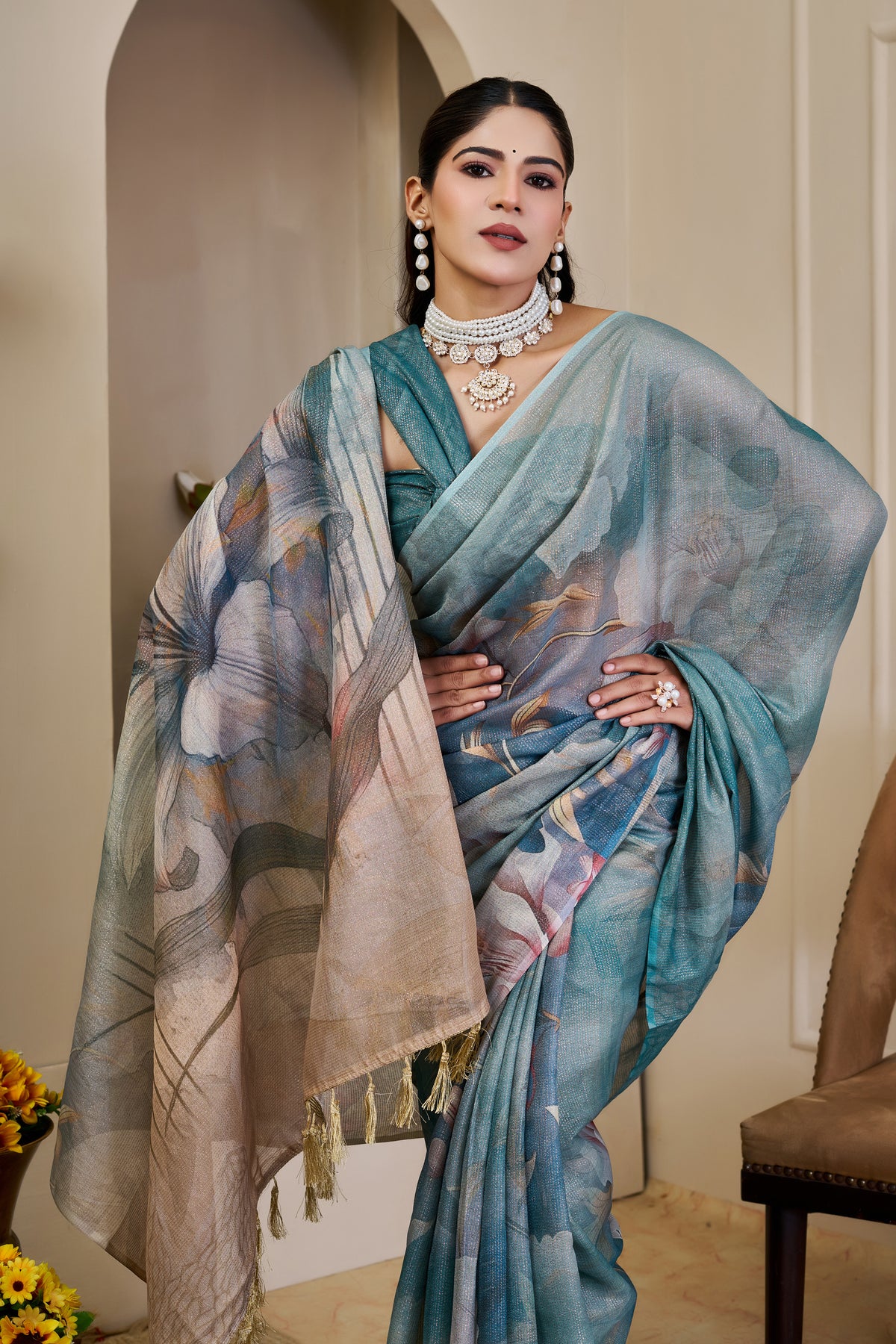 Teal Tissue Cotton Saree With Floral Print - 2 for Women