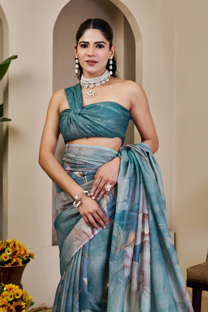 Teal Tissue Cotton Saree With Floral Print - 2 for Women