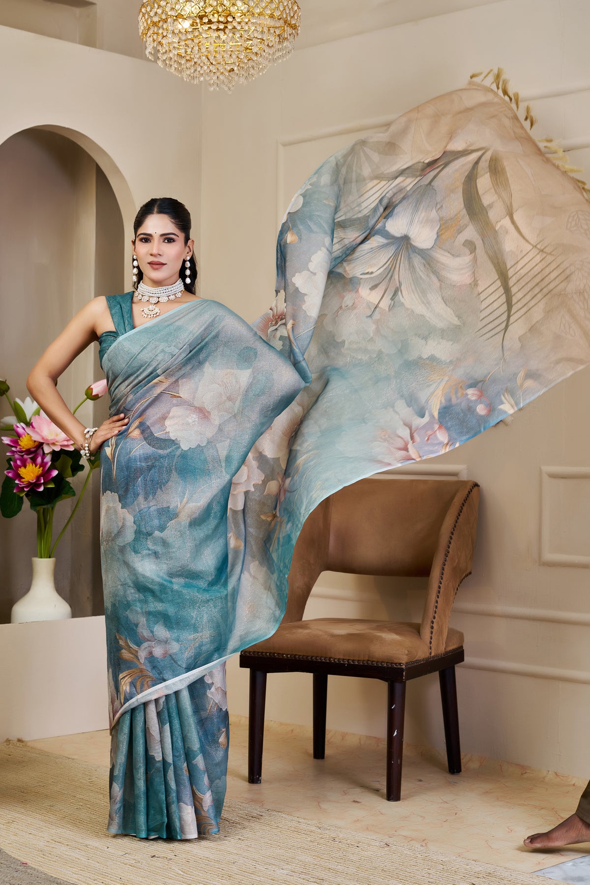 Teal Tissue Cotton Saree With Floral Print - 2 for Women