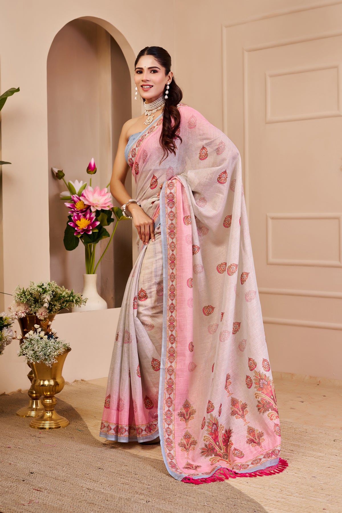 Pink Tissue Cotton Saree With Floral Print for Women