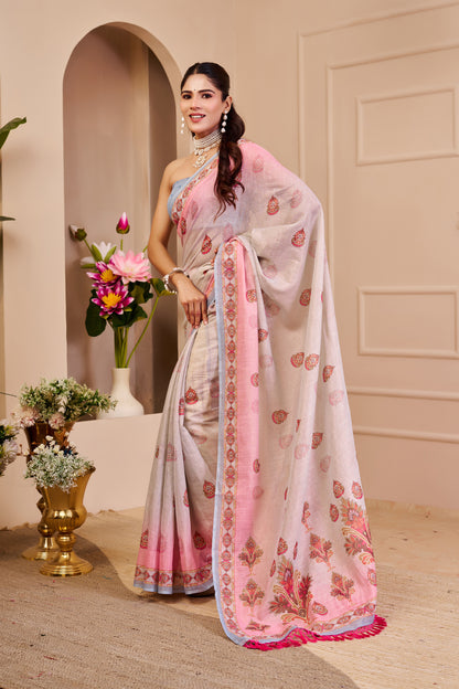 Pink Tissue Cotton Saree With Floral Print for Women