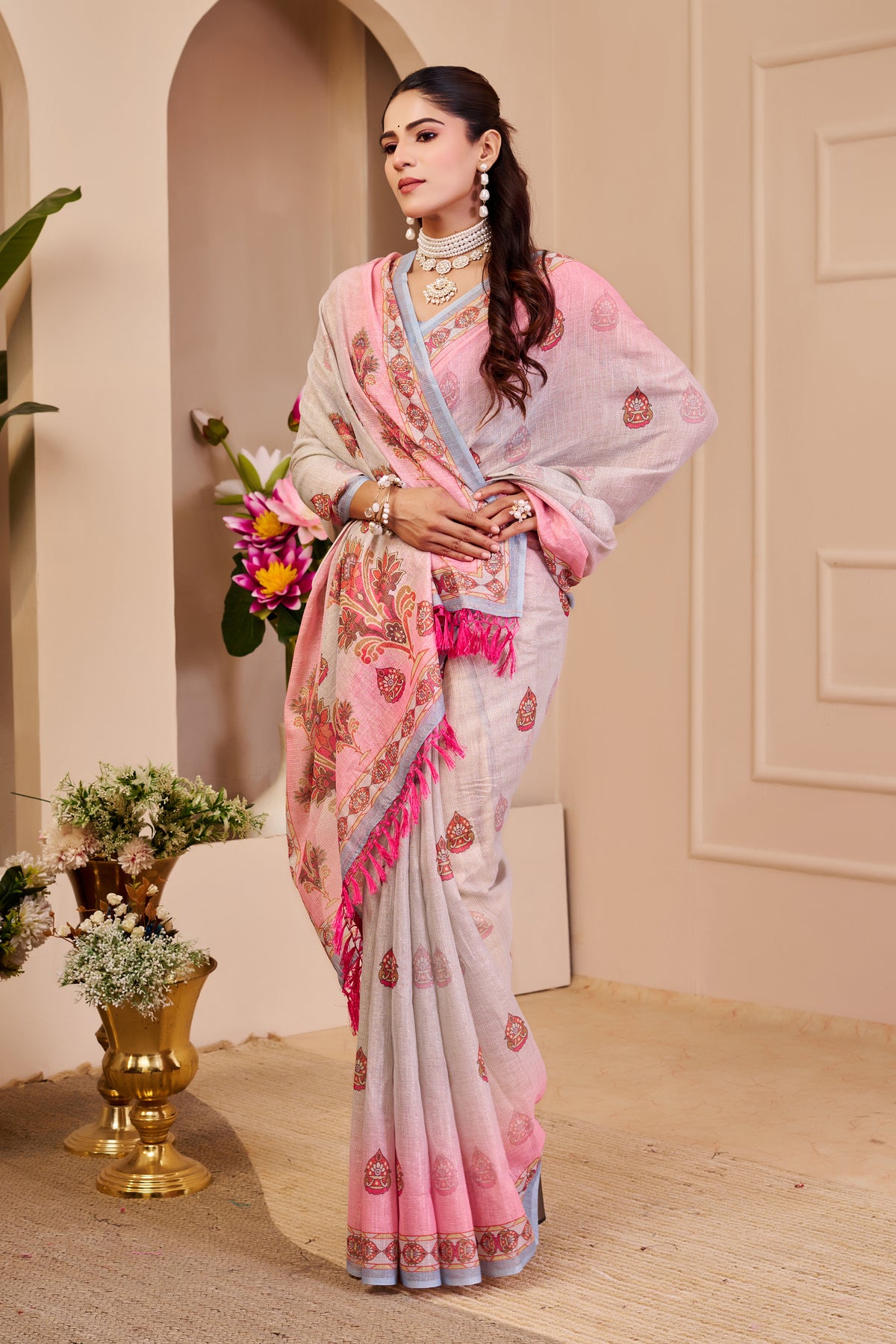 Pink Tissue Cotton Saree With Floral Print for Women