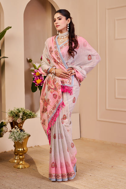 Pink Tissue Cotton Saree With Floral Print for Women