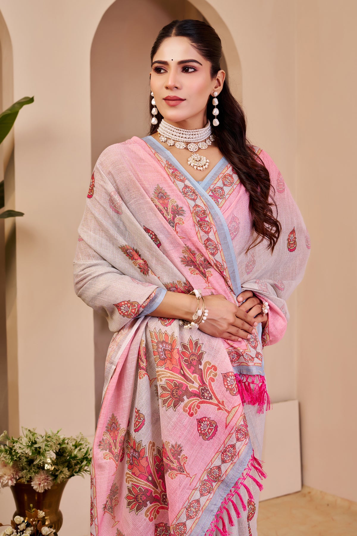 Pink Tissue Cotton Saree With Floral Print for Women