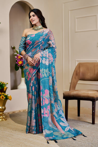 Teal Tissue Cotton Saree With Floral Print for Women