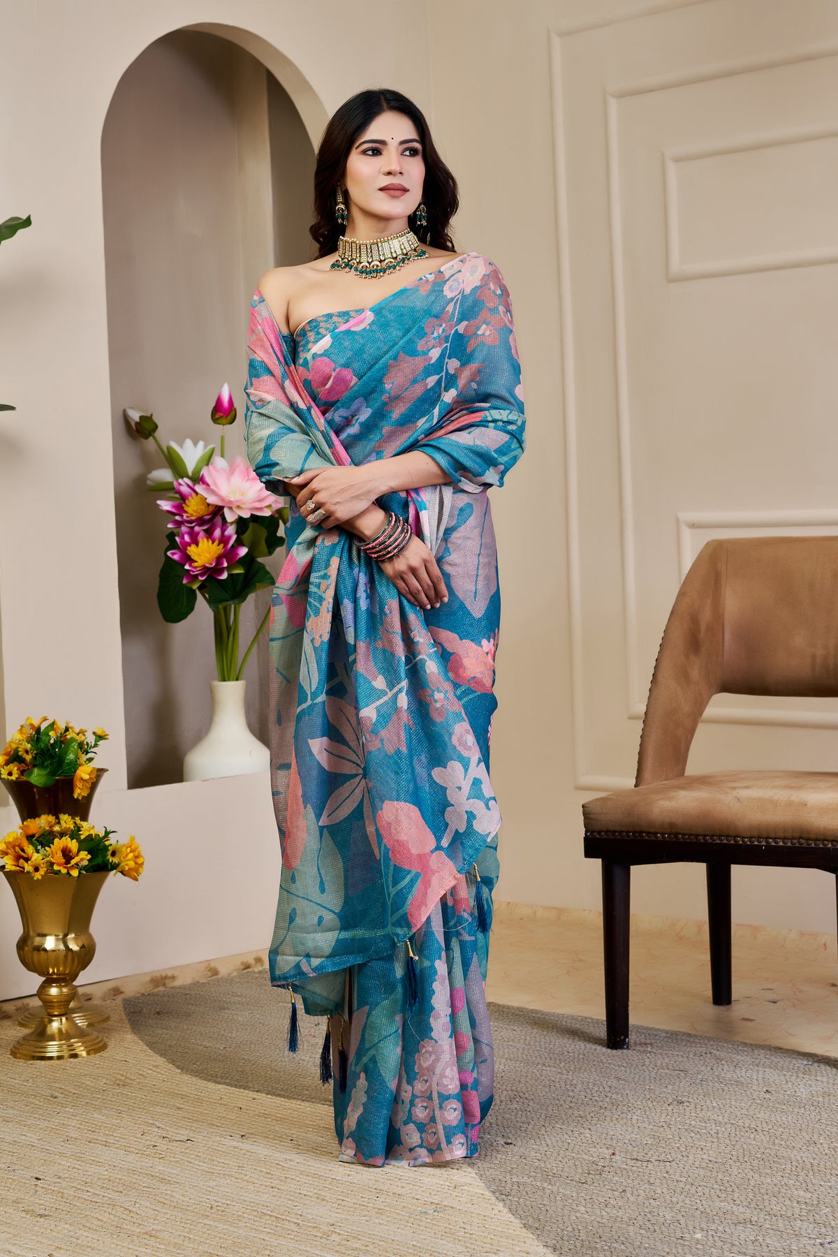 Teal Tissue Cotton Saree With Floral Print for Women