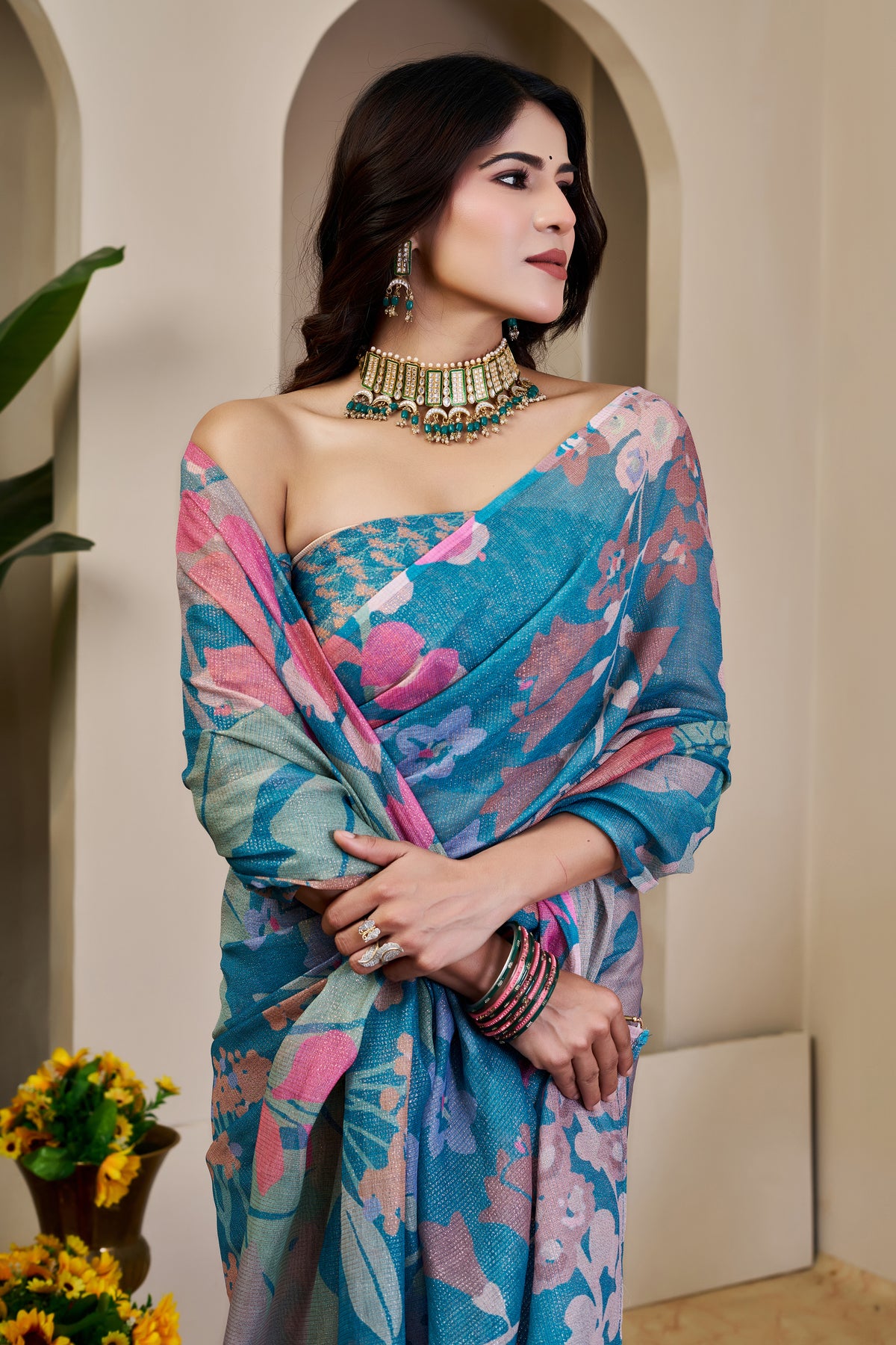 Teal Tissue Cotton Saree With Floral Print for Women