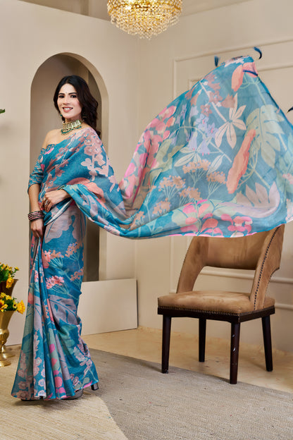 Teal Tissue Cotton Saree With Floral Print for Women