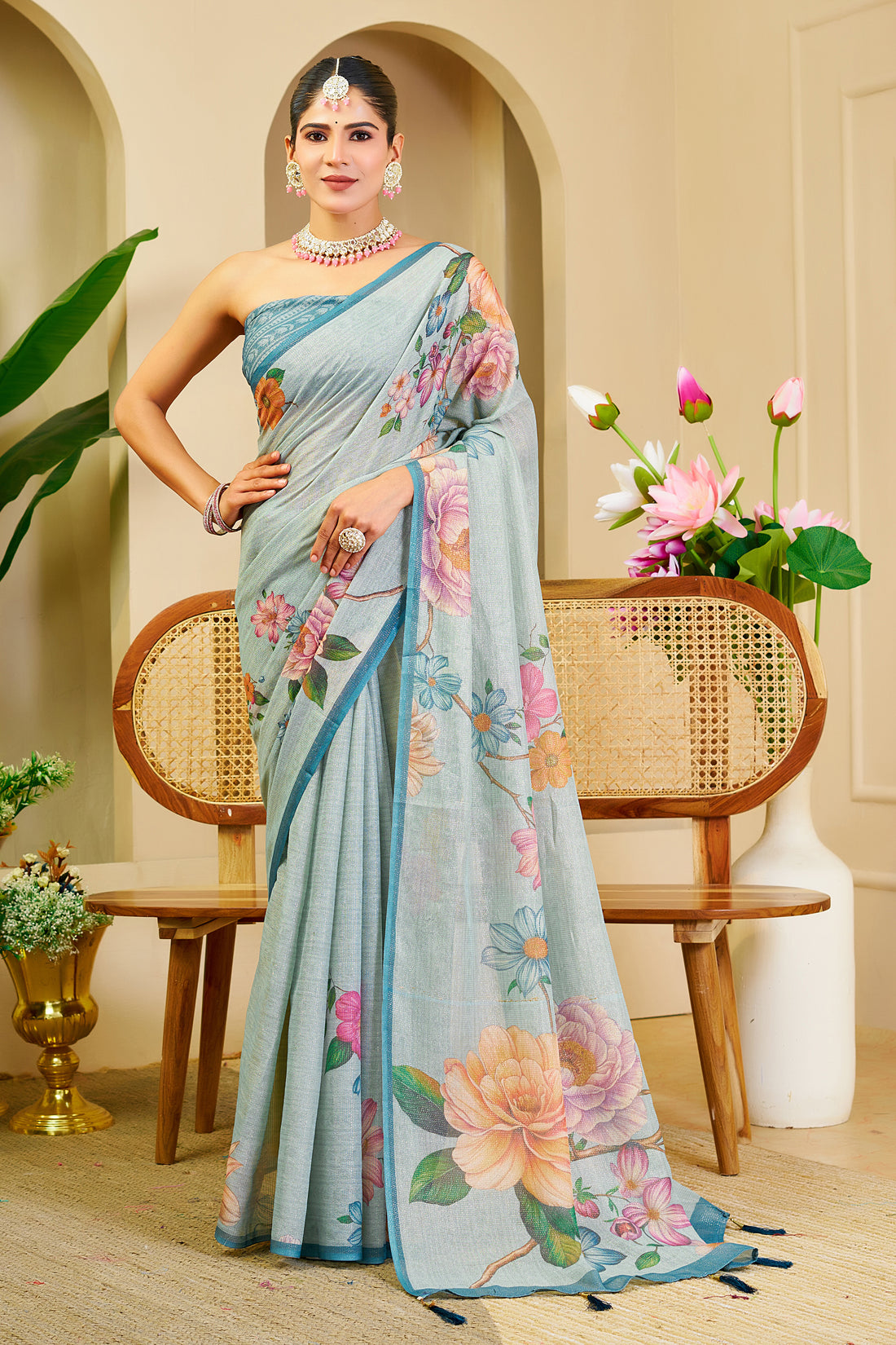 Sky Blue Tissue Saree With Floral Print &amp; Zari for Women