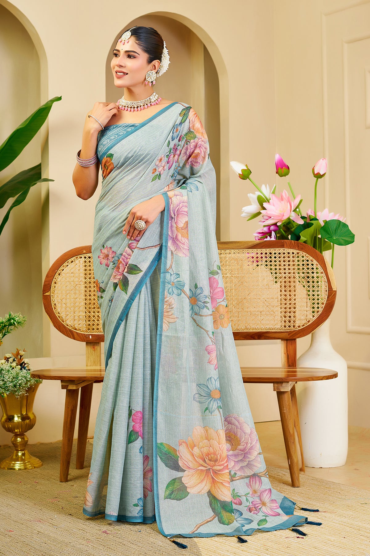 Sky Blue Tissue Saree With Floral Print &amp; Zari for Women