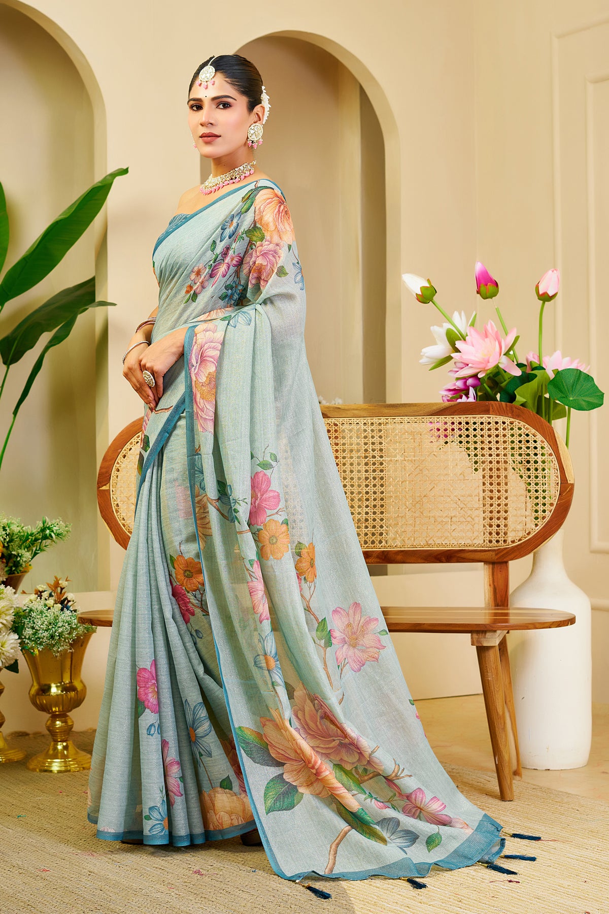 Sky Blue Tissue Saree With Floral Print &amp; Zari for Women