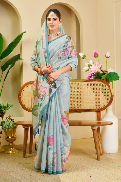 Sky Blue Tissue Saree With Floral Print &amp; Zari for Women