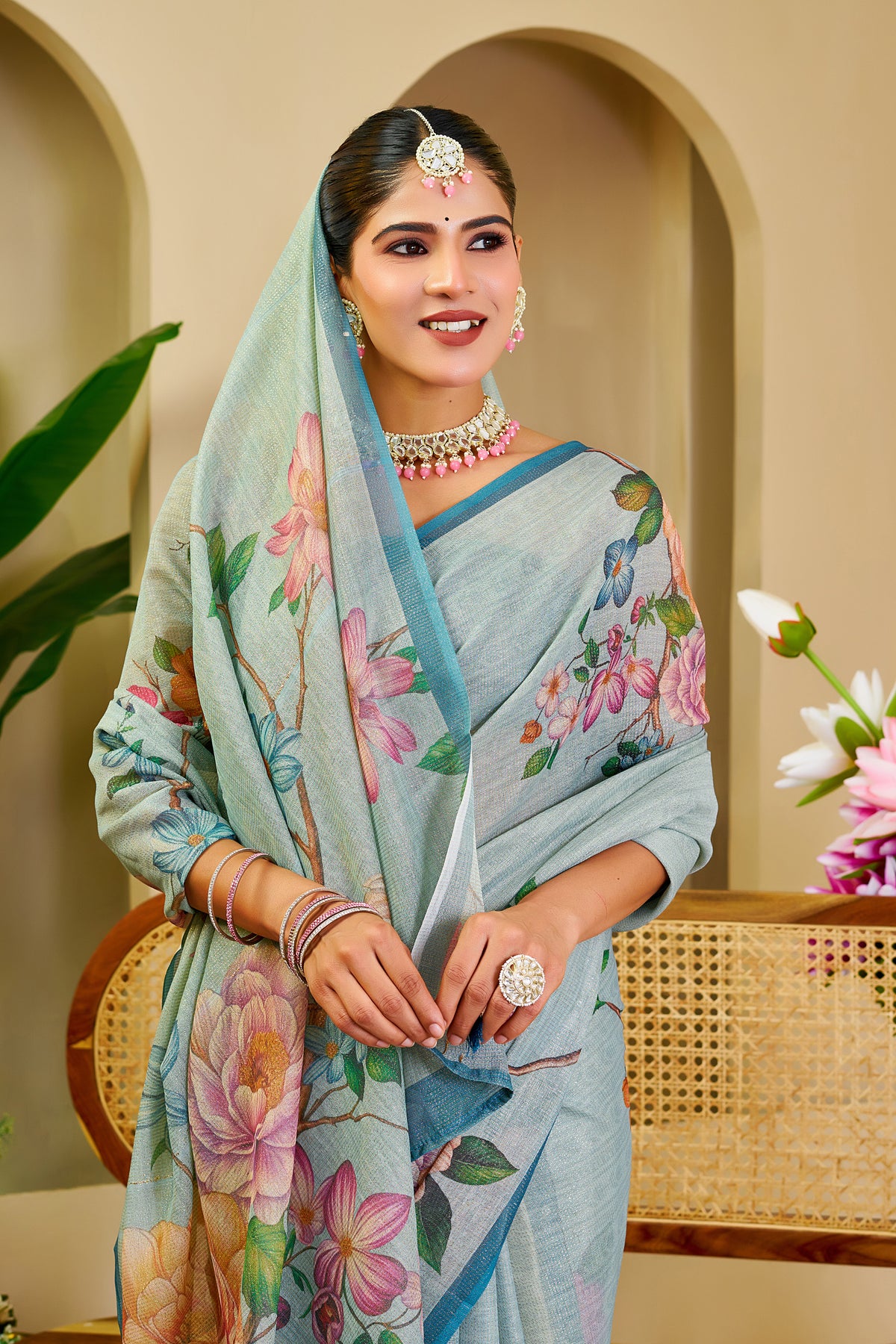 Sky Blue Tissue Saree With Floral Print &amp; Zari for Women