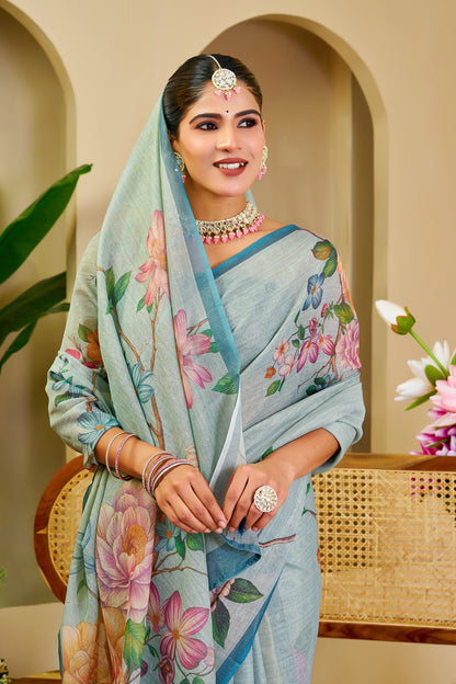 Sky Blue Tissue Saree With Floral Print &amp; Zari for Women