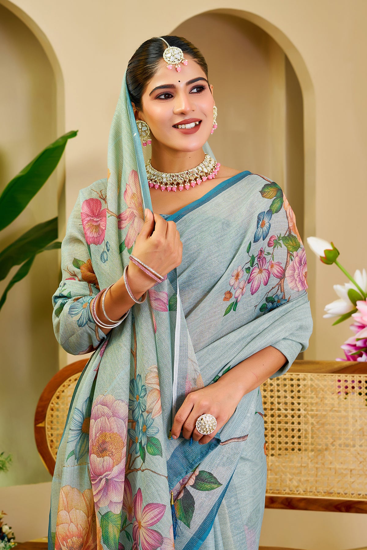Sky Blue Tissue Saree With Floral Print &amp; Zari for Women