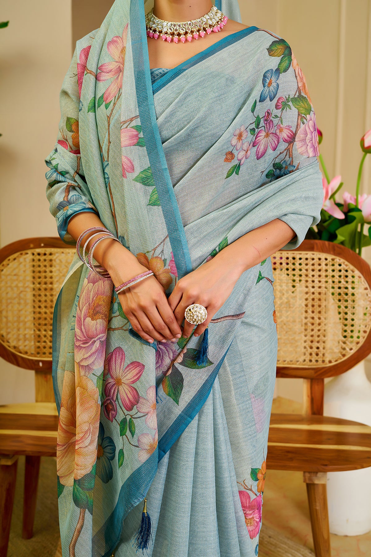 Sky Blue Tissue Saree With Floral Print &amp; Zari for Women