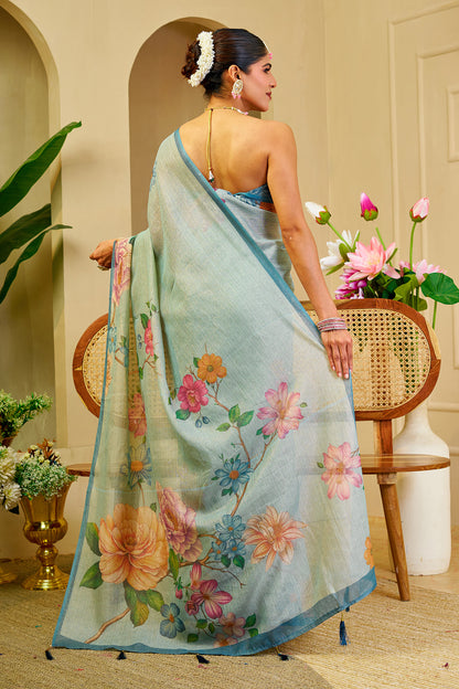 Sky Blue Tissue Saree With Floral Print &amp; Zari for Women