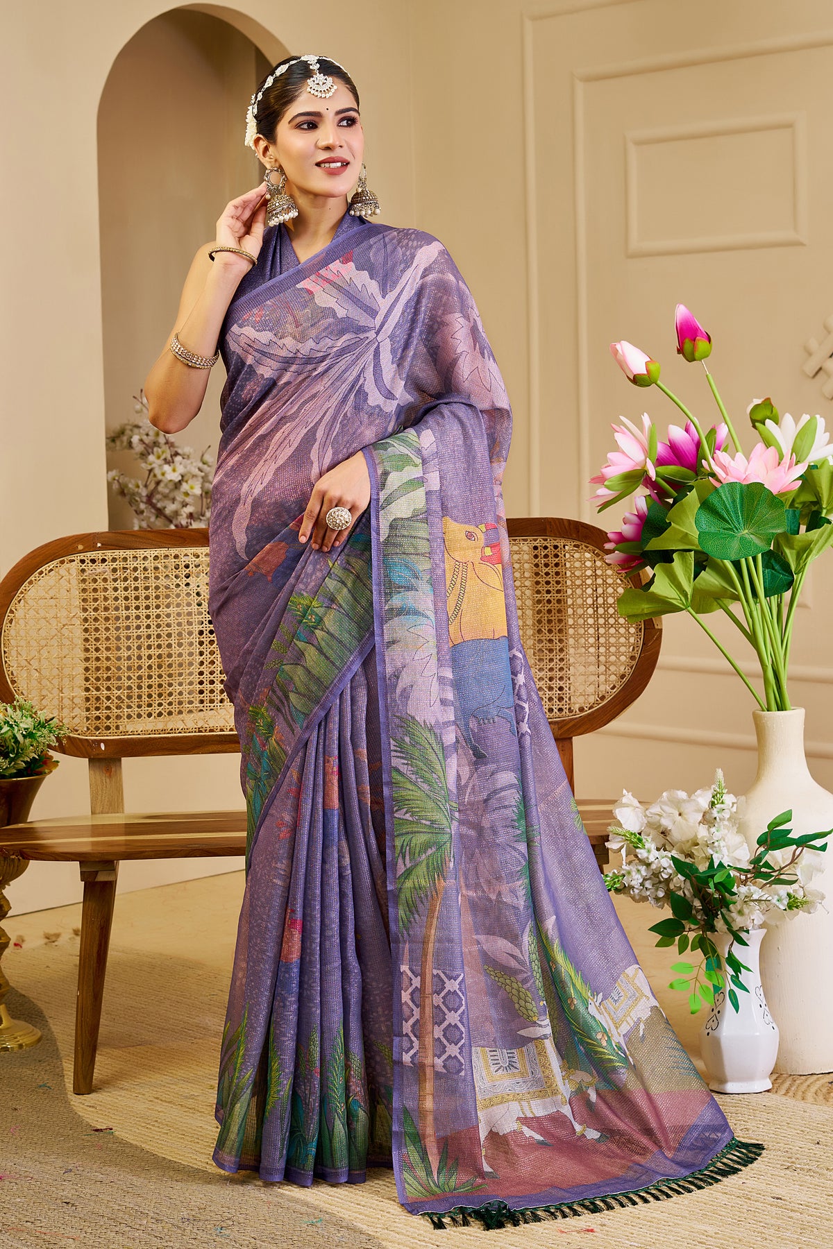 Purple Tissue Handloom Cotton Saree with Floral Digital Print &amp; Zari