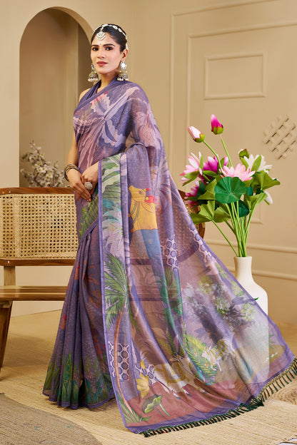 Purple Tissue Handloom Cotton Saree with Floral Digital Print &amp; Zari