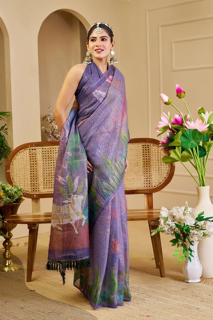 Purple Tissue Handloom Cotton Saree with Floral Digital Print &amp; Zari