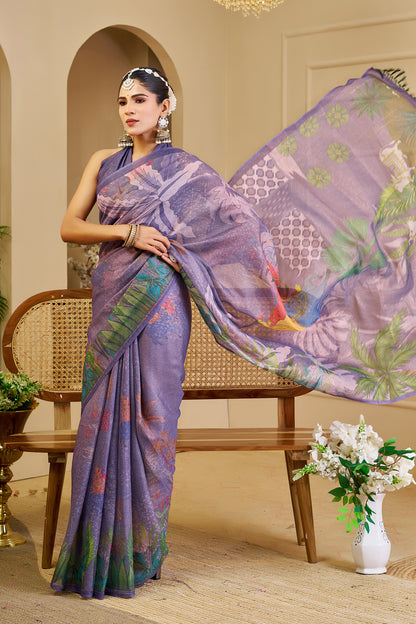 Purple Tissue Handloom Cotton Saree with Floral Digital Print &amp; Zari