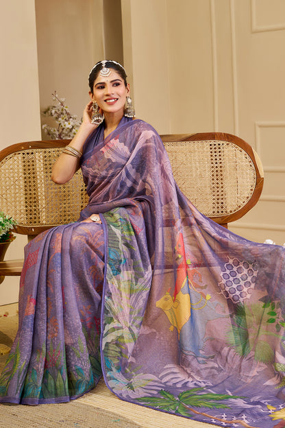 Purple Tissue Handloom Cotton Saree with Floral Digital Print &amp; Zari