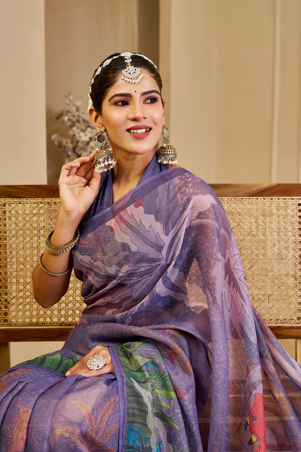 Purple Tissue Handloom Cotton Saree with Floral Digital Print &amp; Zari