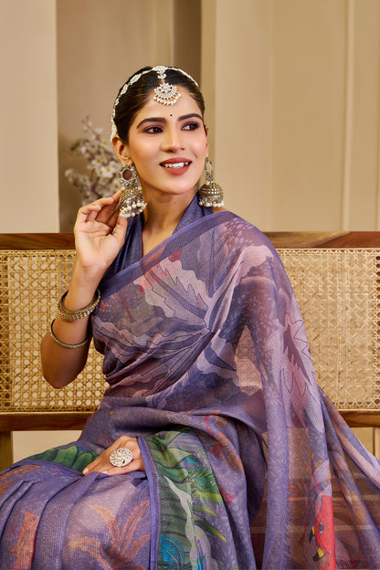 Purple Tissue Handloom Cotton Saree with Floral Digital Print &amp; Zari