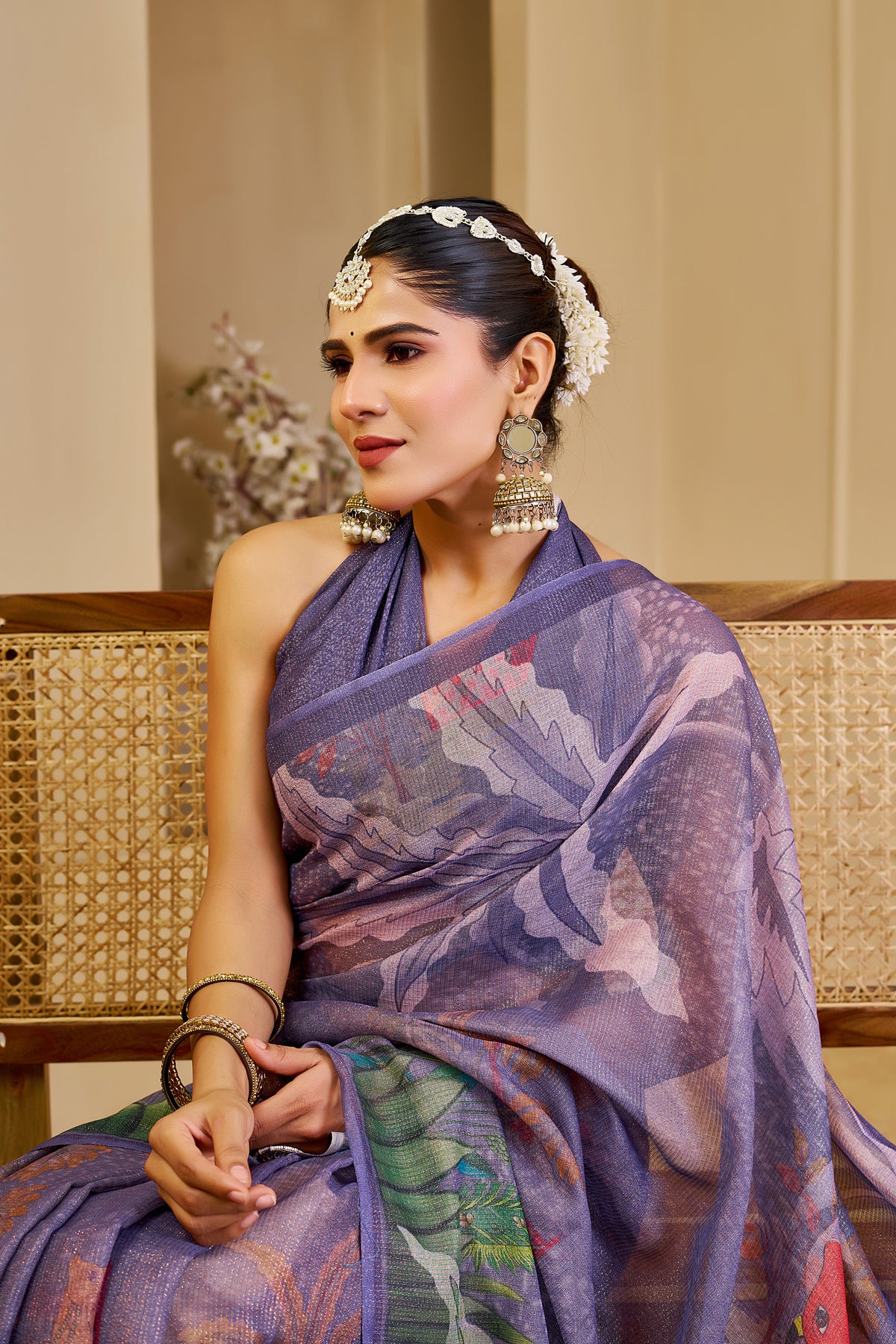 Purple Tissue Handloom Cotton Saree with Floral Digital Print &amp; Zari