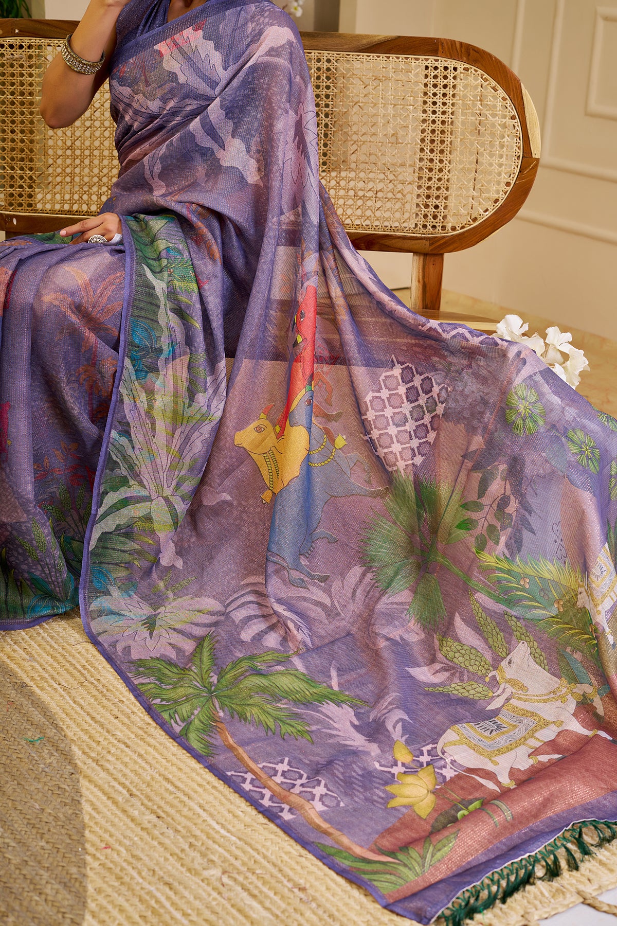 Purple Tissue Handloom Cotton Saree with Floral Digital Print &amp; Zari