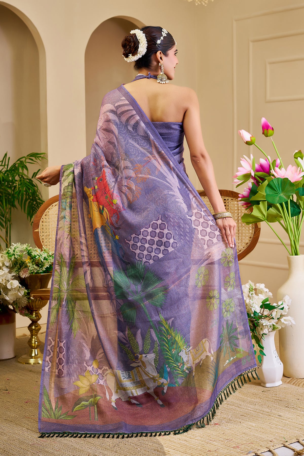 Purple Tissue Handloom Cotton Saree with Floral Digital Print &amp; Zari