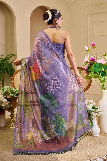 Purple Tissue Handloom Cotton Saree with Floral Digital Print &amp; Zari