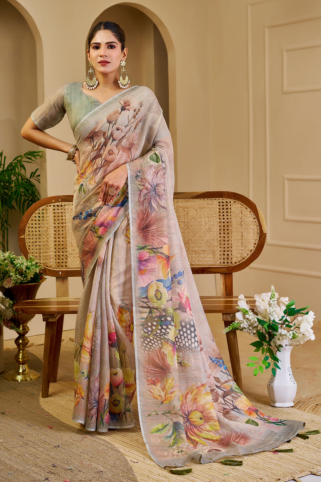 Cream Tissue Handloom Saree with Floral Print &amp; Running Blouse