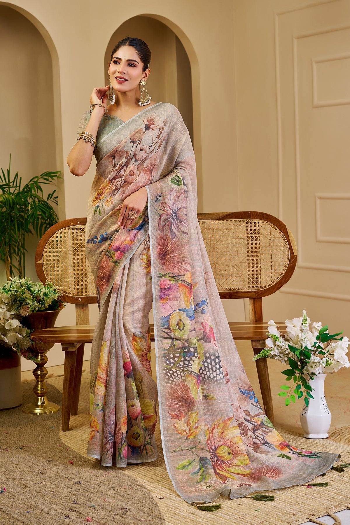 Cream Tissue Handloom Saree with Floral Print &amp; Running Blouse