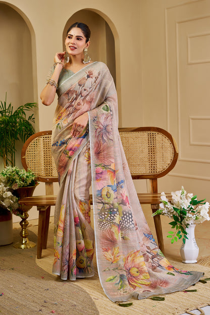 Cream Tissue Handloom Saree with Floral Print &amp; Running Blouse