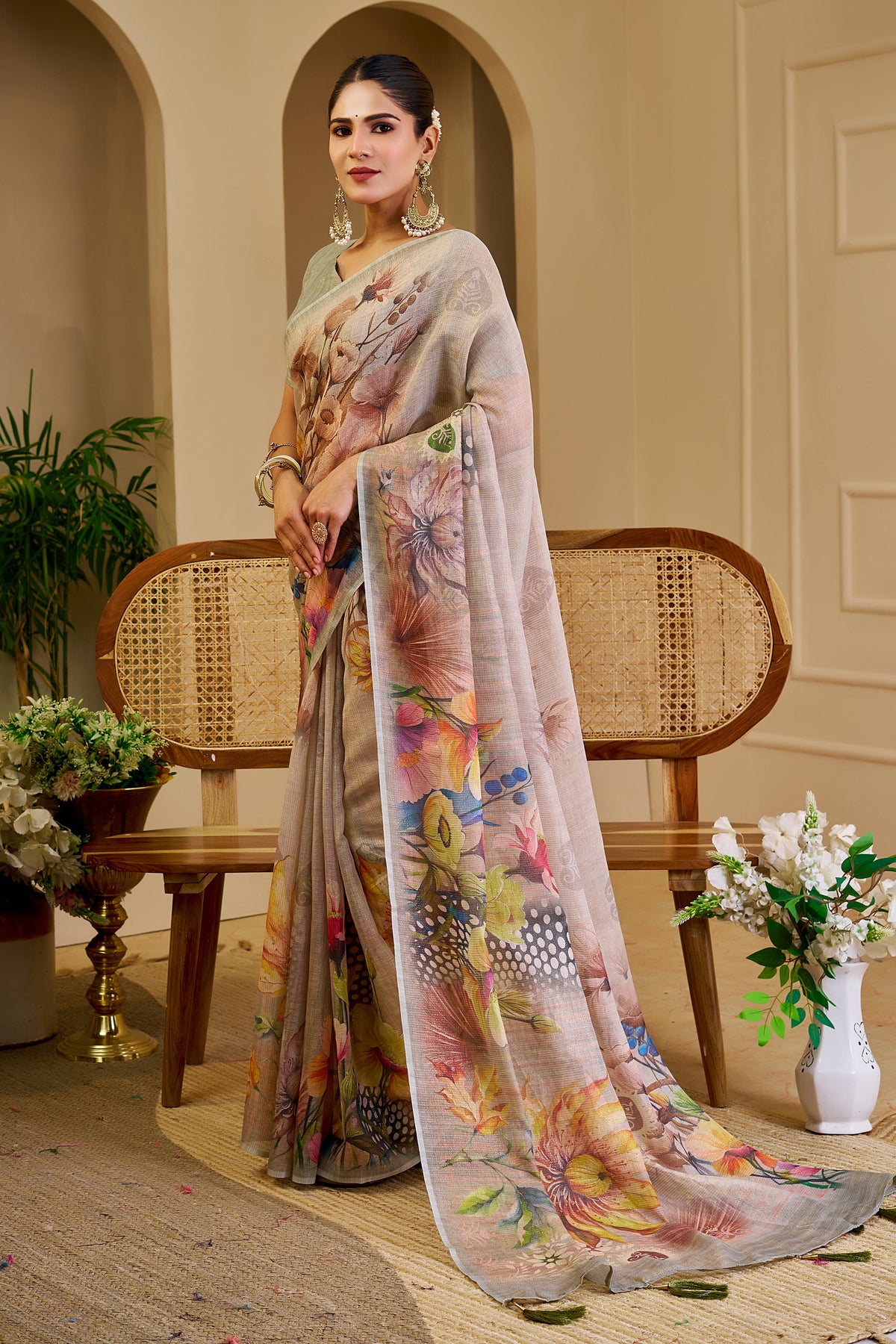 Cream Tissue Handloom Saree with Floral Print &amp; Running Blouse