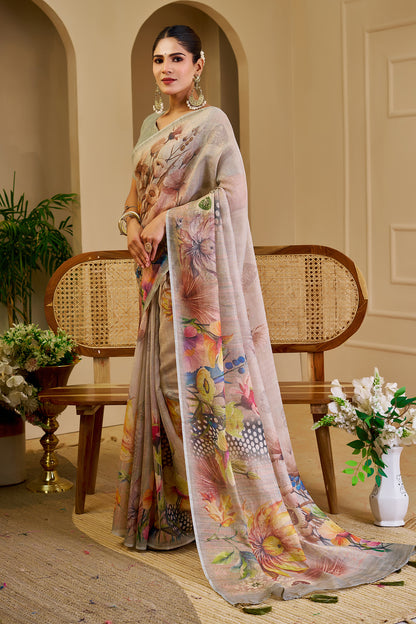 Cream Tissue Handloom Saree with Floral Print &amp; Running Blouse