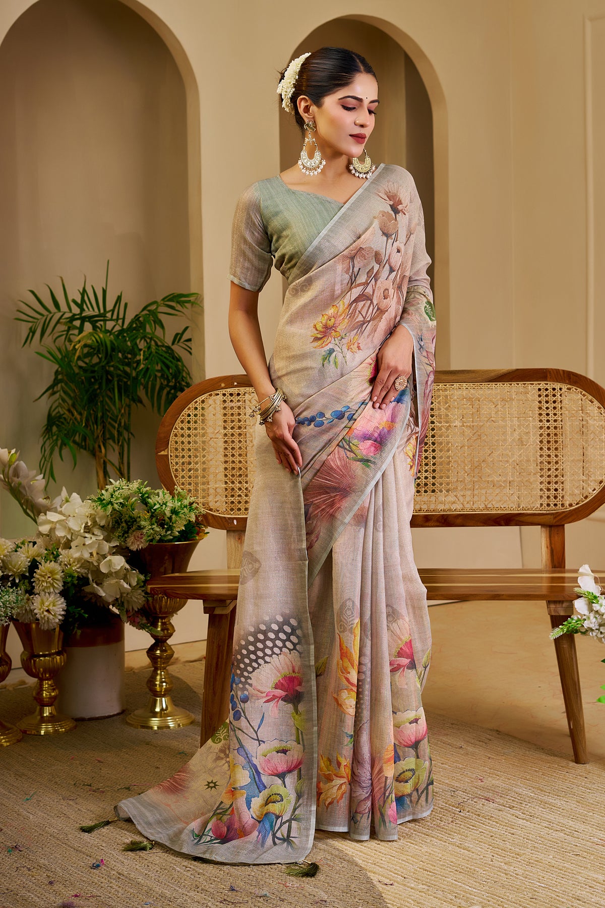Cream Tissue Handloom Saree with Floral Print &amp; Running Blouse