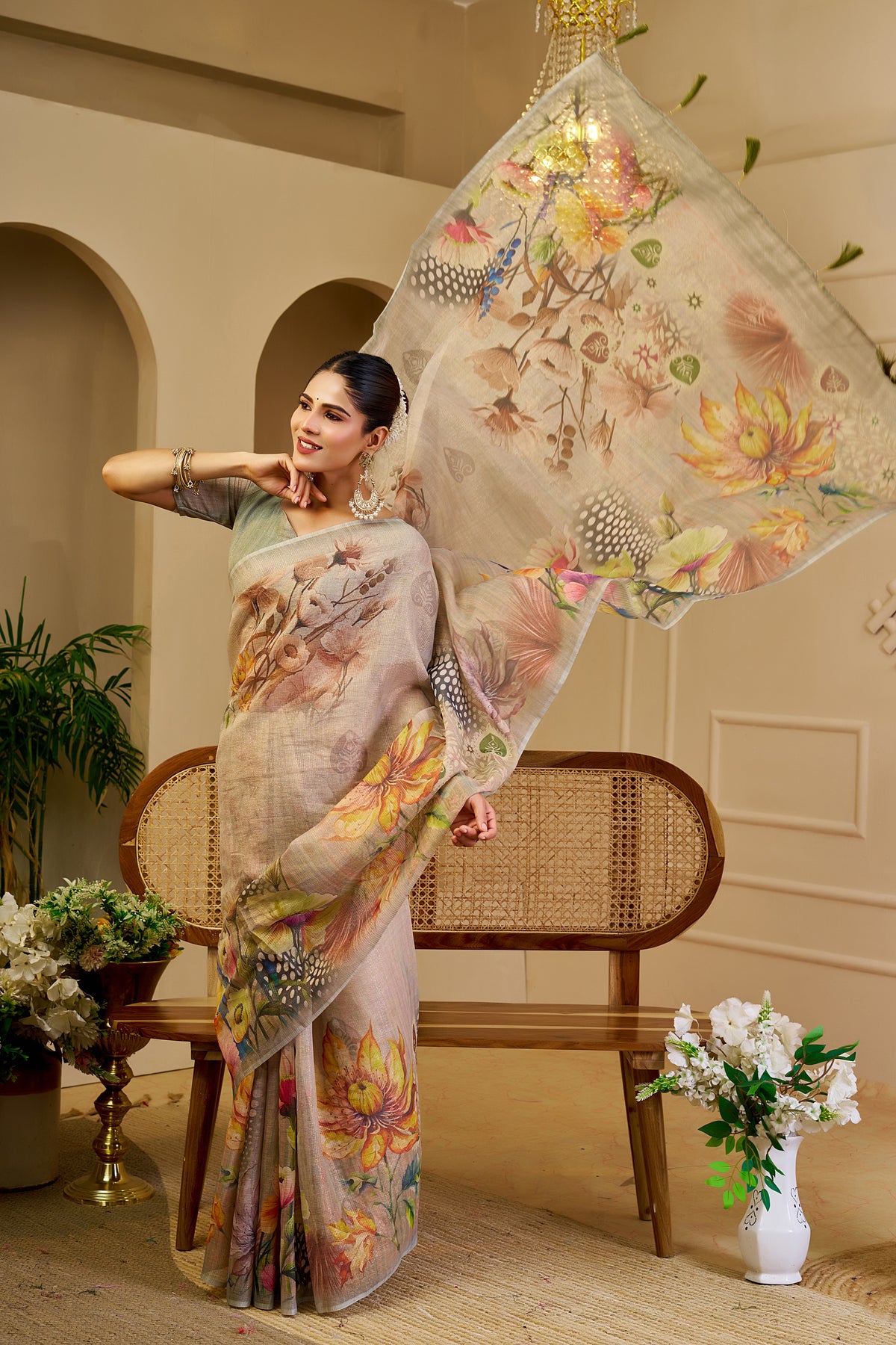 Cream Tissue Handloom Saree with Floral Print &amp; Running Blouse