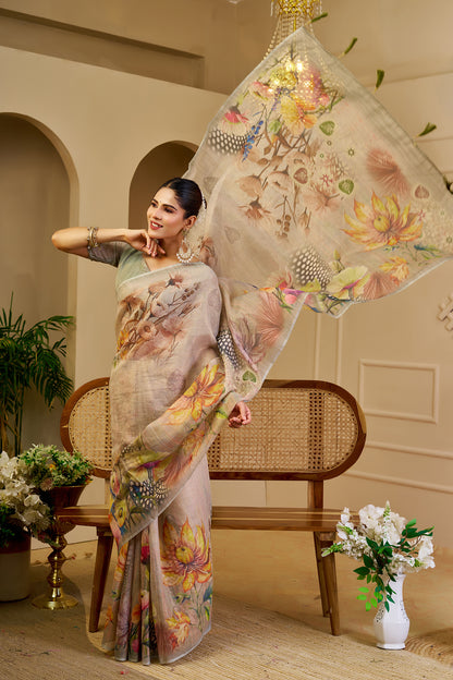 Cream Tissue Handloom Saree with Floral Print &amp; Running Blouse