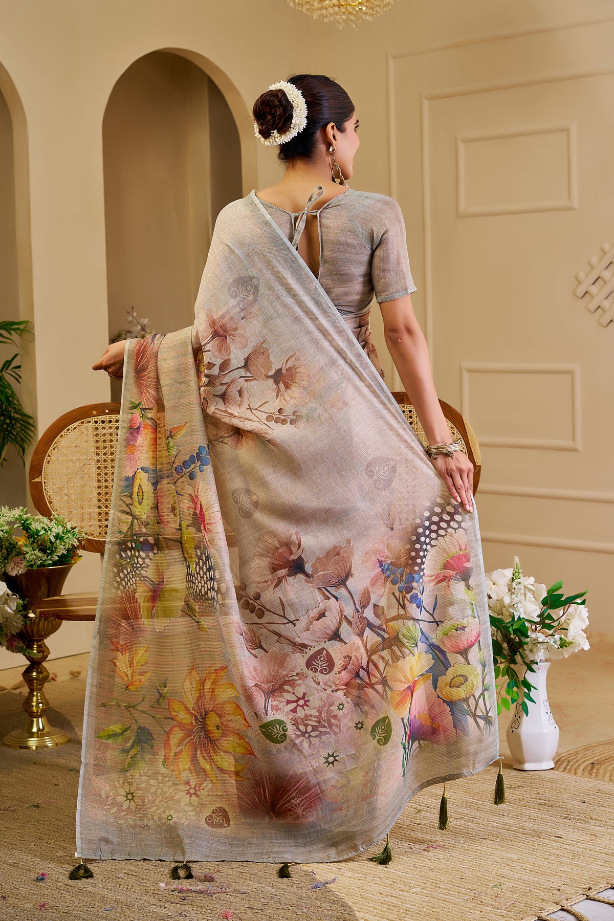 Cream Tissue Handloom Saree with Floral Print &amp; Running Blouse