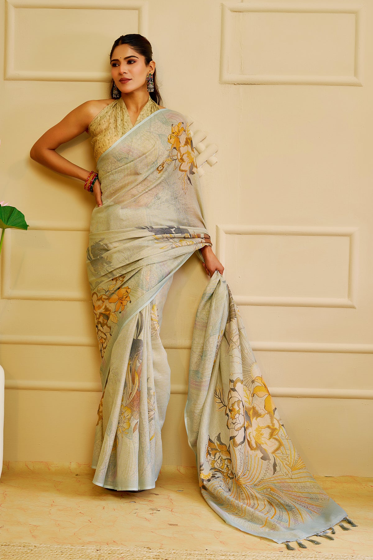 Sky Blue Tissue Cotton Saree with Floral Print &amp; Zari Weave for Women