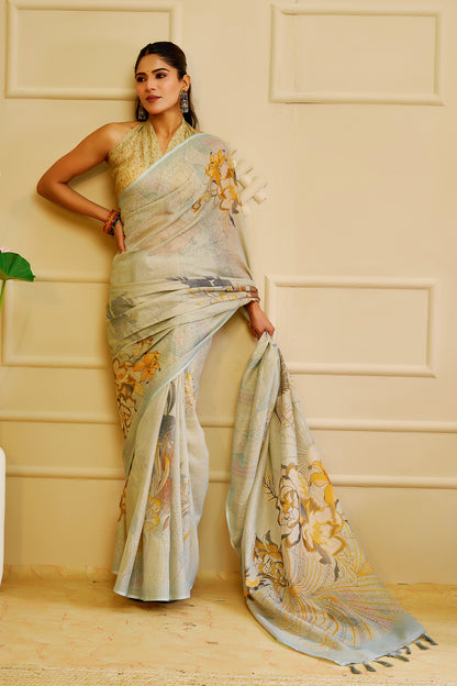 Sky Blue Tissue Cotton Saree with Floral Print &amp; Zari Weave for Women