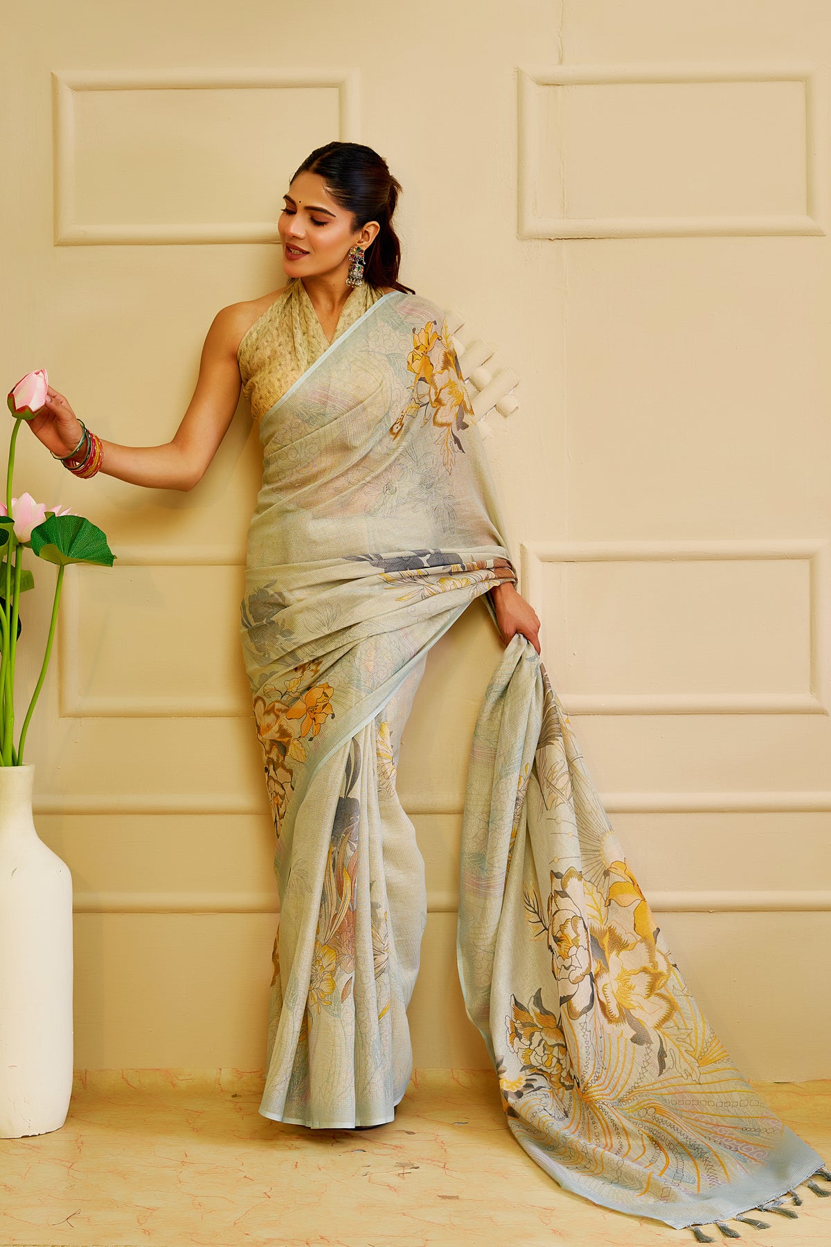 Sky Blue Tissue Cotton Saree with Floral Print &amp; Zari Weave for Women
