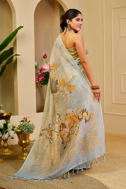Sky Blue Tissue Cotton Saree with Floral Print &amp; Zari Weave for Women