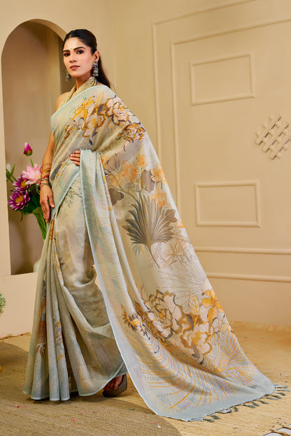 Sky Blue Tissue Cotton Saree with Floral Print &amp; Zari Weave for Women