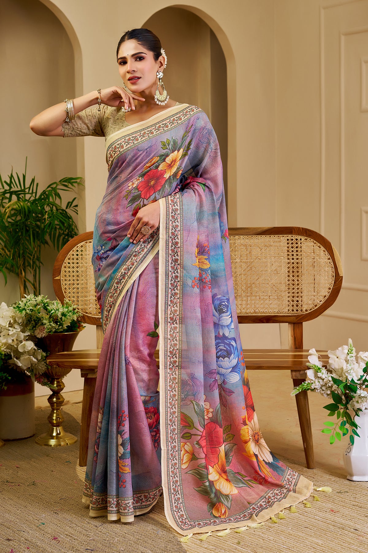 Lavender Tissue Handloom Cotton Saree with Floral Zari Work for Women
