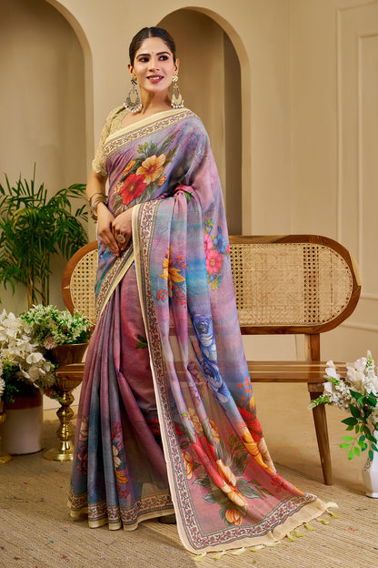 Lavender Tissue Handloom Cotton Saree with Floral Zari Work for Women